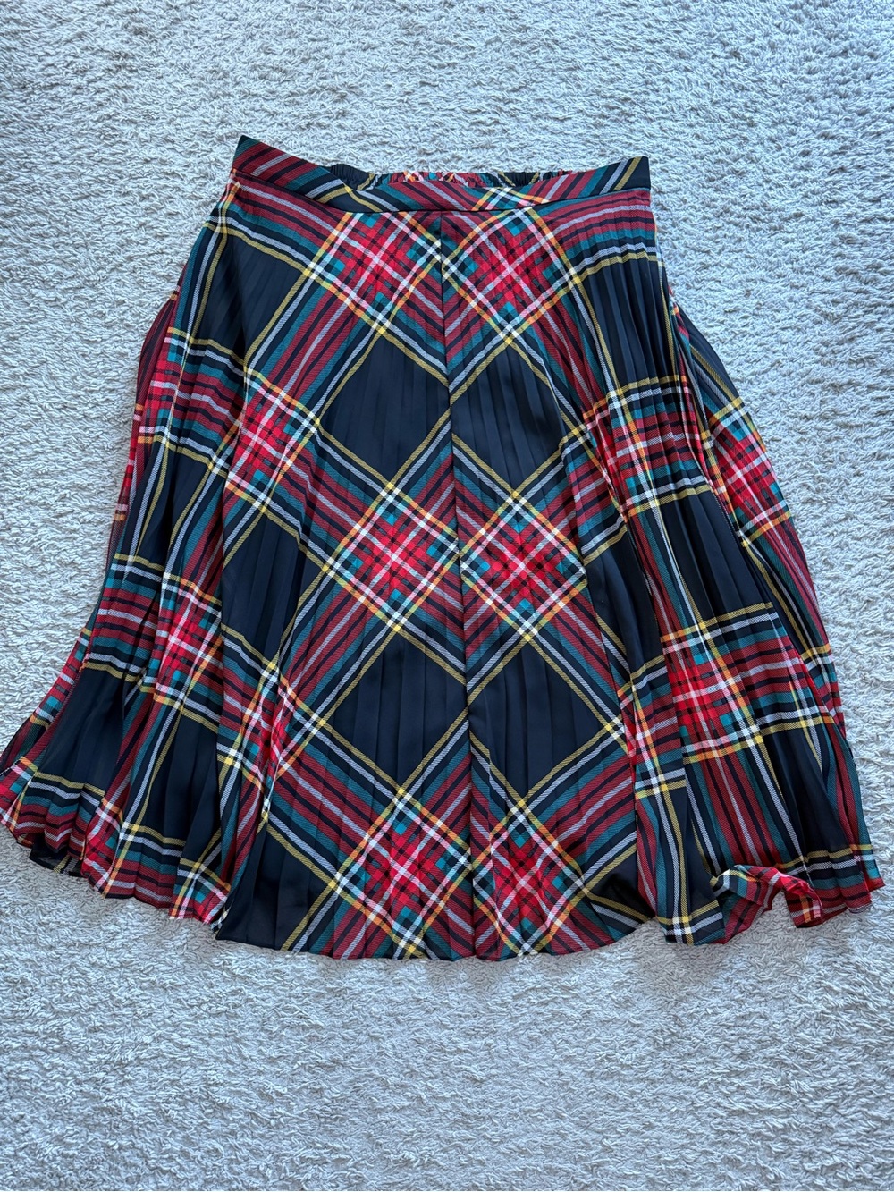 J. Crew Factory Navy, Red and Yellow Plaid Pleated Midi Skirt